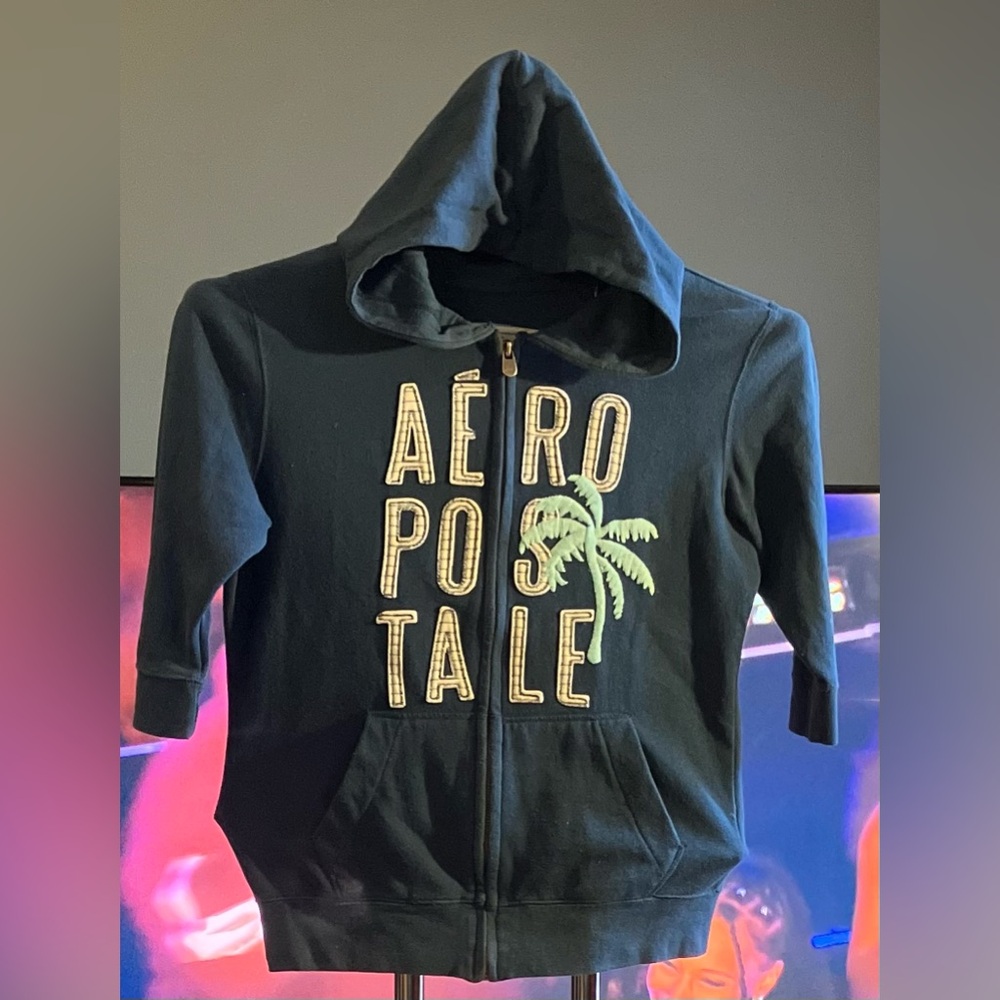 Aeropostale Navy Blue full-zip Hoodie with Palm Design 3/4 sleeves Size M - Picture 2 of 7